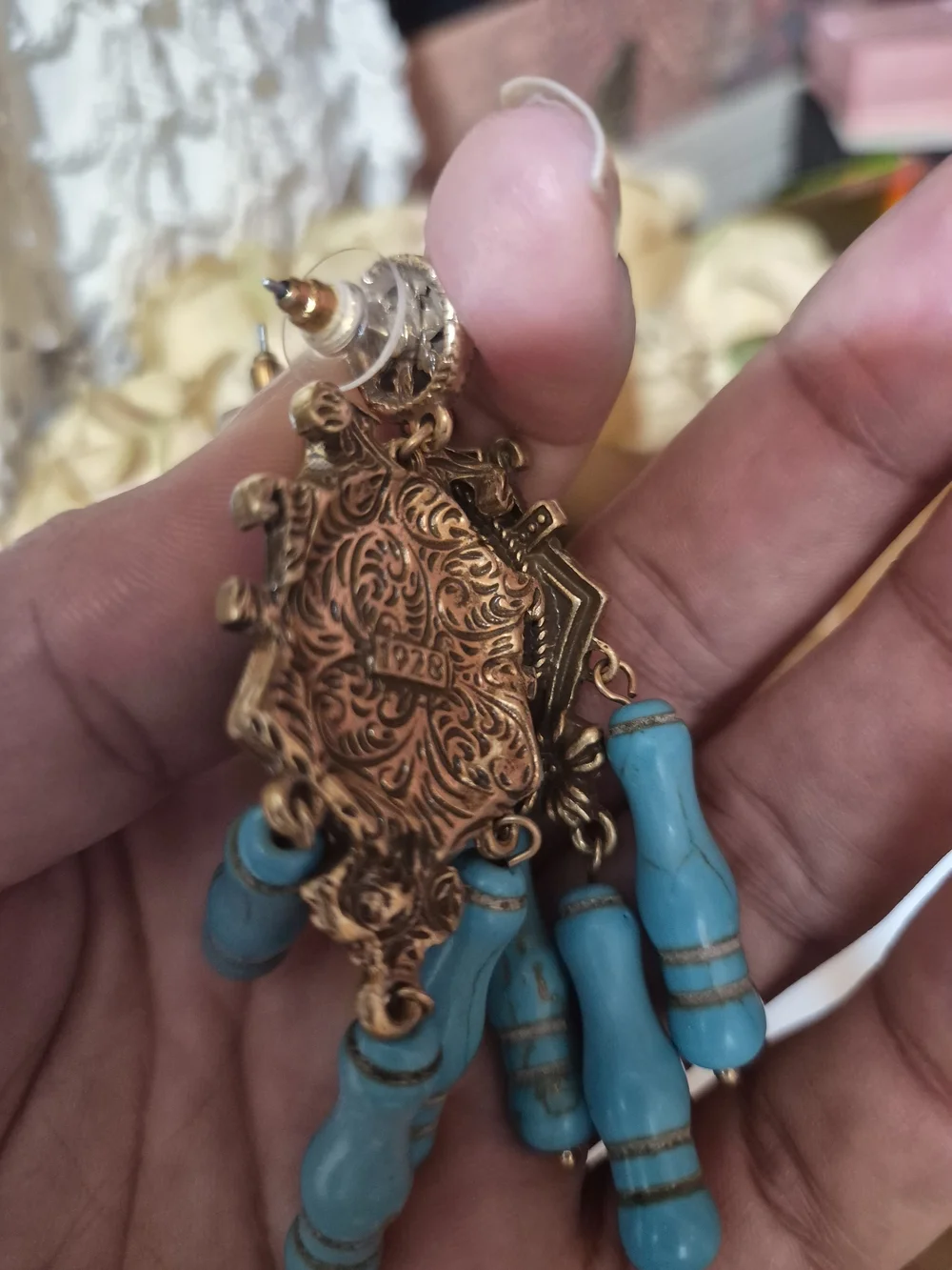 Gold-Tone Turquoise Drop Earrings — Bohemian Blue Statement